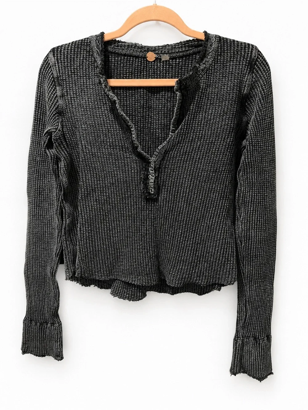 FP One by Free People Waffle Knit Thermal Henley Top Charcoal Gray Size Large